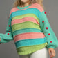 Umgee Full Size Color Block Cable Knit Sweater with Pom Pom Plus Size - DAVERRI FASHIONS