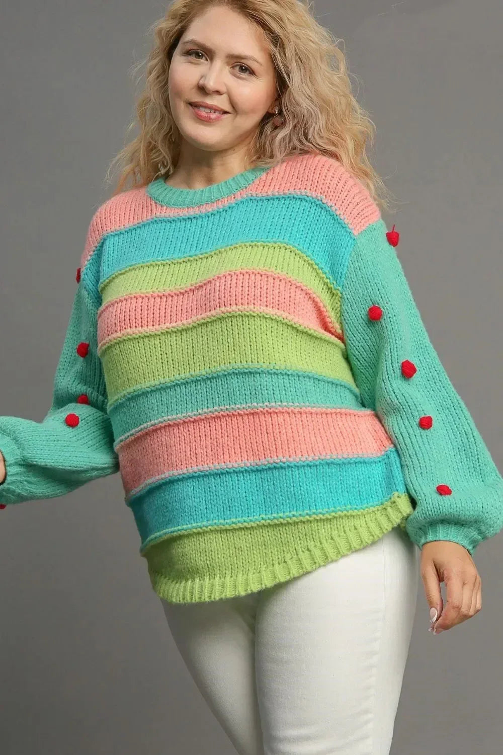 Umgee Full Size Color Block Cable Knit Sweater with Pom Pom Plus Size - DAVERRI FASHIONS
