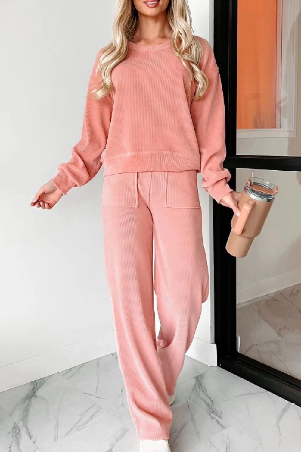 Round Neck Long Sleeve Top and Pants Set | Loungewear Sets Daverri Fashions
