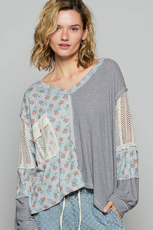 POL Floral Crochet Patch V-Neck Top Charcoal M Tops