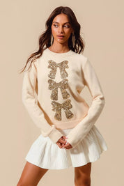 CREAM GOLD SO ME Sequins Bow Ribbon Embellished Christmas Sweater | Sweaters Daverri Fashions