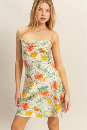 APPLE GREEN HYFVE Floral Cowl Neck Flirty Satin Mini Dress | Daverri Fashions