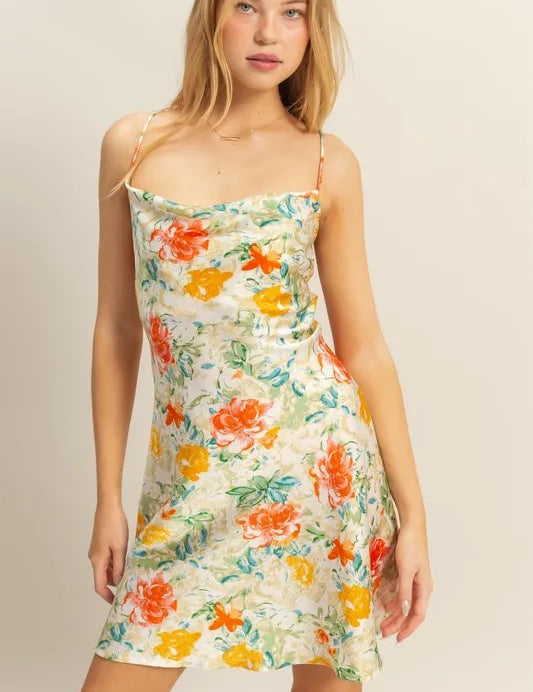 APPLE GREEN HYFVE Floral Cowl Neck Flirty Satin Mini Dress | Daverri Fashions