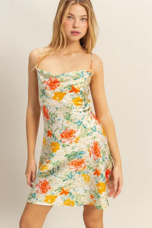 HYFVE Floral Cowl Neck Flirty Satin Mini Dress APPLE GREEN