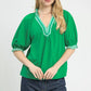 Vibrant green Umgee French Terry Collared Top with v-neckline and striped trim