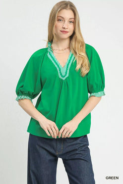 Vibrant green Umgee French Terry Collared Top with v-neckline and striped trim