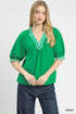 Vibrant green Umgee French Terry Collared Top with v-neckline and striped trim