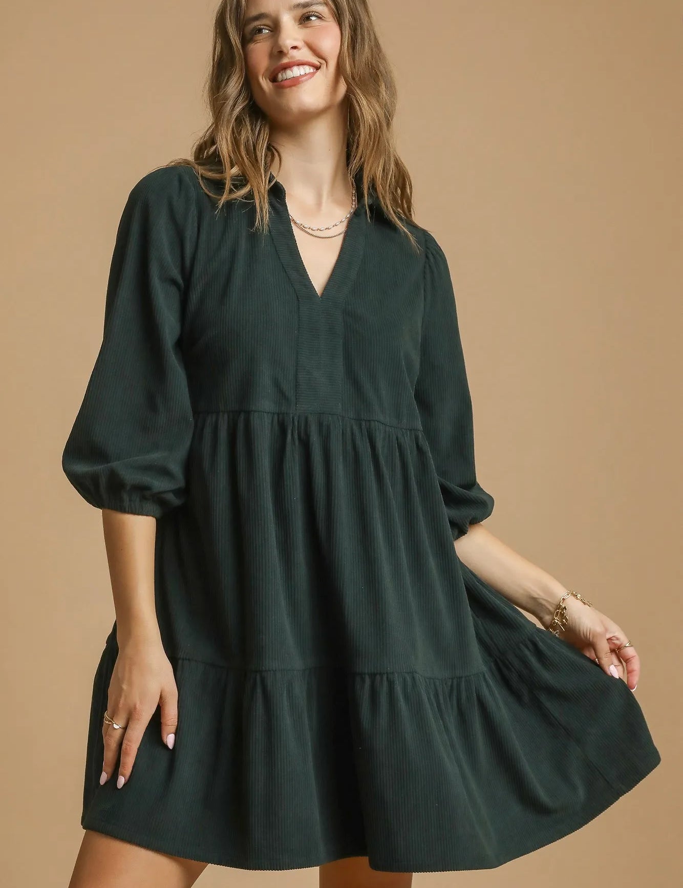 Umgee Tiered Johnny Collar Balloon Sleeve Dress | Mini Dresses Daverri Fashions