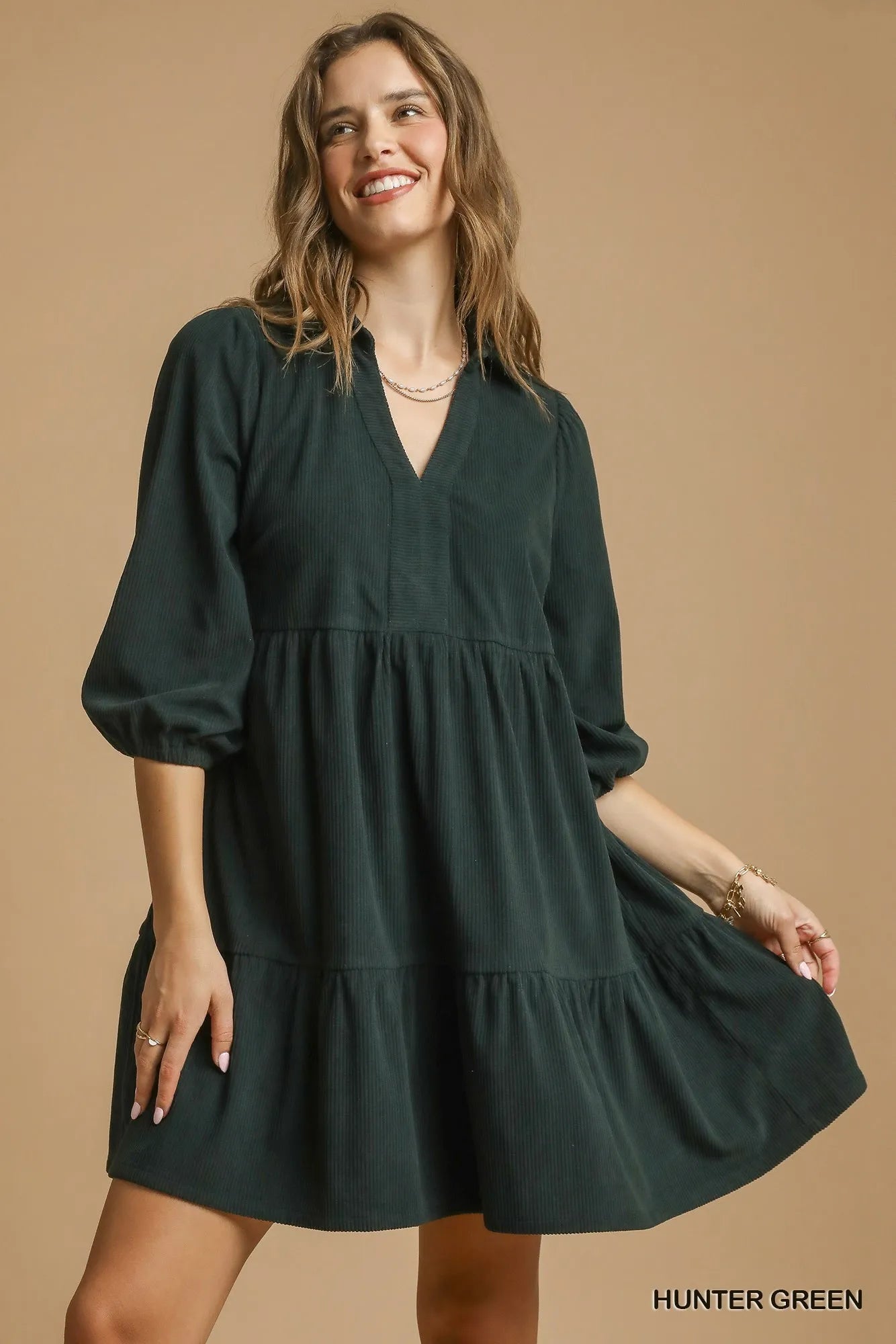 Umgee Tiered Johnny Collar Balloon Sleeve Dress Mini Dresses