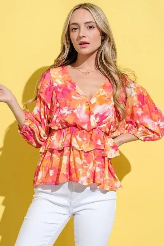 And The Why Ruffled Printed Puff Sleeve Blouse - DAVERRI FASHIONS