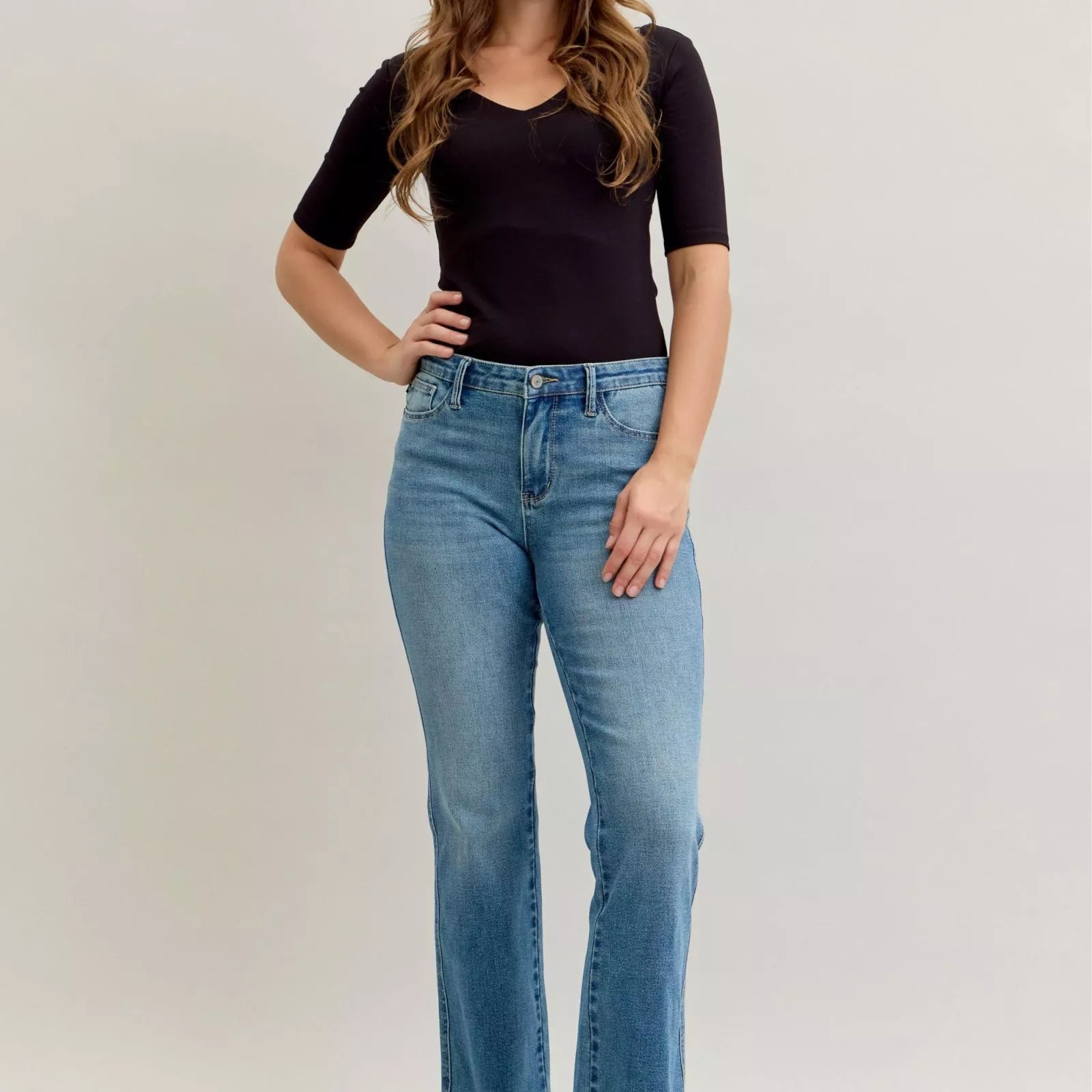 MD Judy Blue Full Size Mid Rise Slim Bootcut Tummy Control Release Hem Jeans Plus Size | Jeans Daverri Fashions