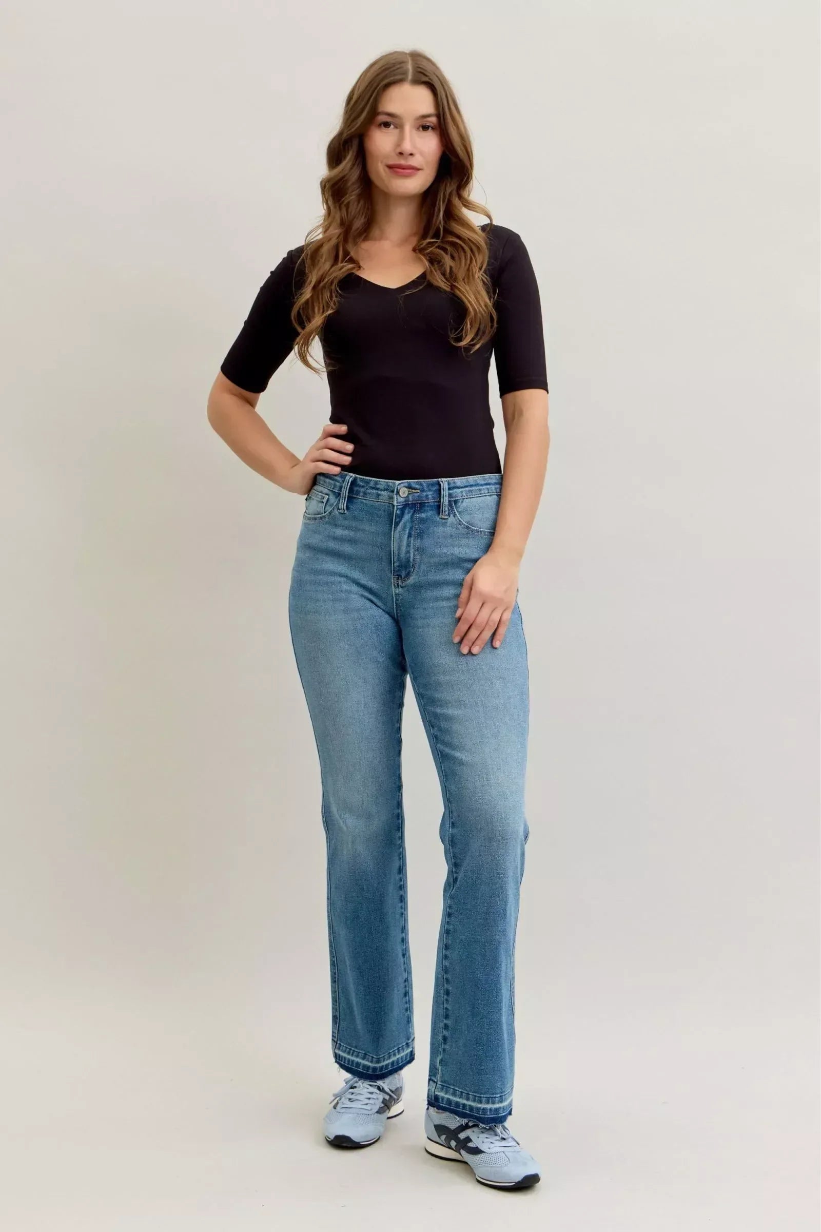 Judy Blue Full Size Mid Rise Slim Bootcut Tummy Control Release Hem Jeans Plus Size - DAVERRI FASHIONS