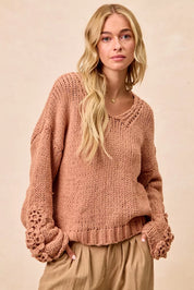 BiBi Chunky Knit Sweater with Flower Detail Sleeves | Sweaters Daverri Fashions