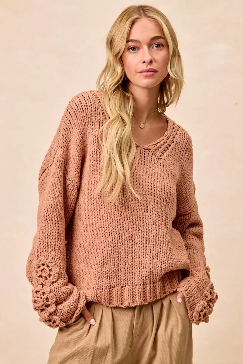 BiBi Chunky Knit Sweater with Flower Detail Sleeves - DAVERRI FASHIONS