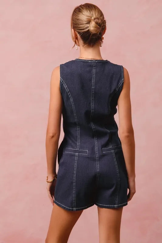SO ME Button Up Front Washed Denim Sleeveless Romper Rompers