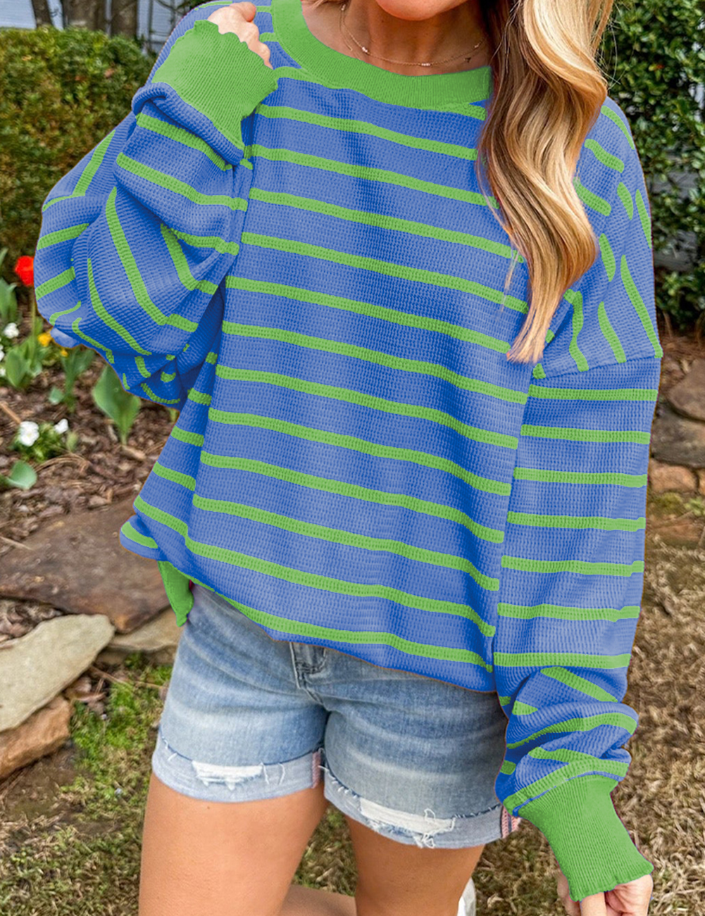 Sky Blue Stripe 50%Viscose+28%Polyester+22%Polyamide Orange Stripe Trimmed Round Neck Drop Shoulder Loose Sweater | Sweaters Daverri Fashions