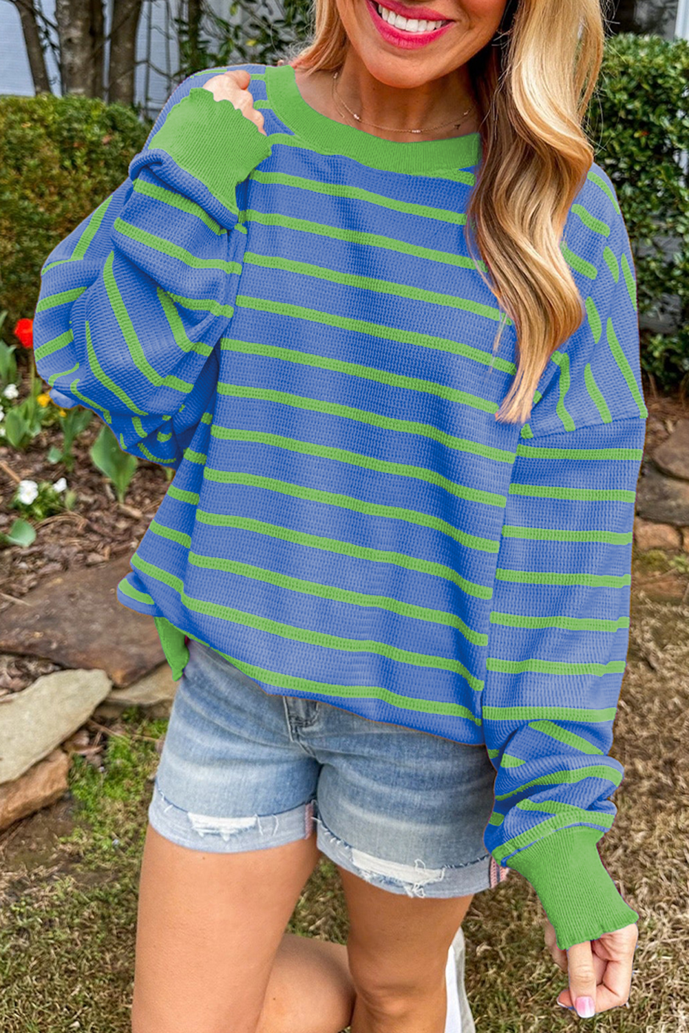 Sky Blue Stripe 50%Viscose+28%Polyester+22%Polyamide Orange Stripe Trimmed Round Neck Drop Shoulder Loose Sweater | Sweaters Daverri Fashions