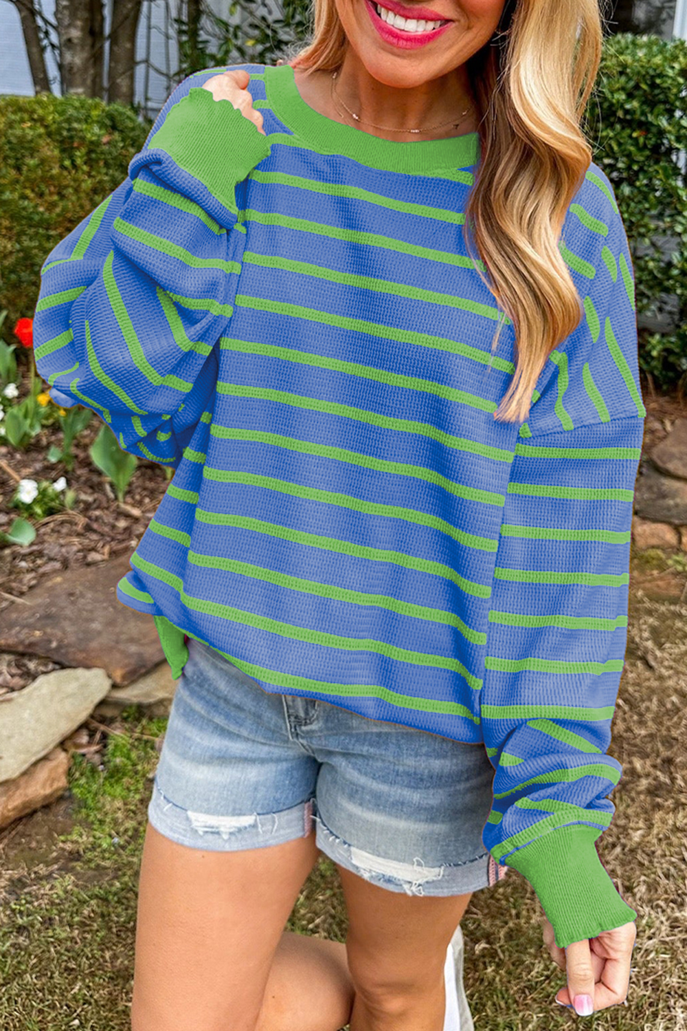 Sky Blue Stripe 50%Viscose+28%Polyester+22%Polyamide Orange Stripe Trimmed Round Neck Drop Shoulder Loose Sweater | Sweaters Daverri Fashions
