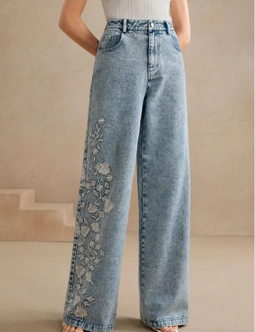 Sky Blue Women’s Plus Size Floral Embroidered Stretch Jeans | Jeans Daverri Fashions