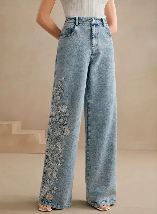 Women’s Plus Size Floral Embroidered Stretch Jeans - DAVERRI FASHIONS