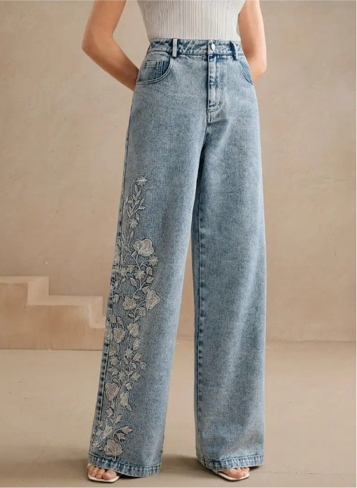 Sky Blue Women’s Plus Size Floral Embroidered Stretch Jeans | Jeans Daverri Fashions