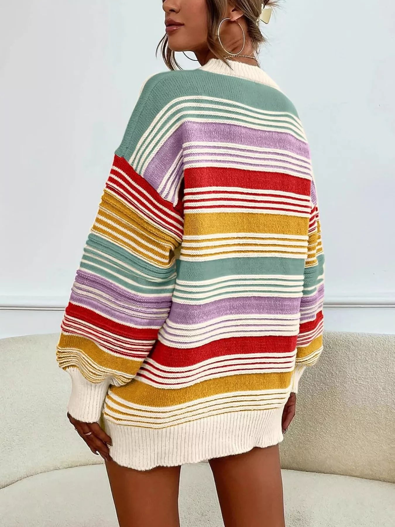 Rainbow Striped Drop Shoulder Oversized Sweater | Sweaters Daverri Fashions