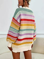 Rainbow Striped Drop Shoulder Oversized Sweater | Sweaters Daverri Fashions
