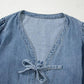 Tied Front Puff Sleeve Denim Top - DAVERRI FASHIONS