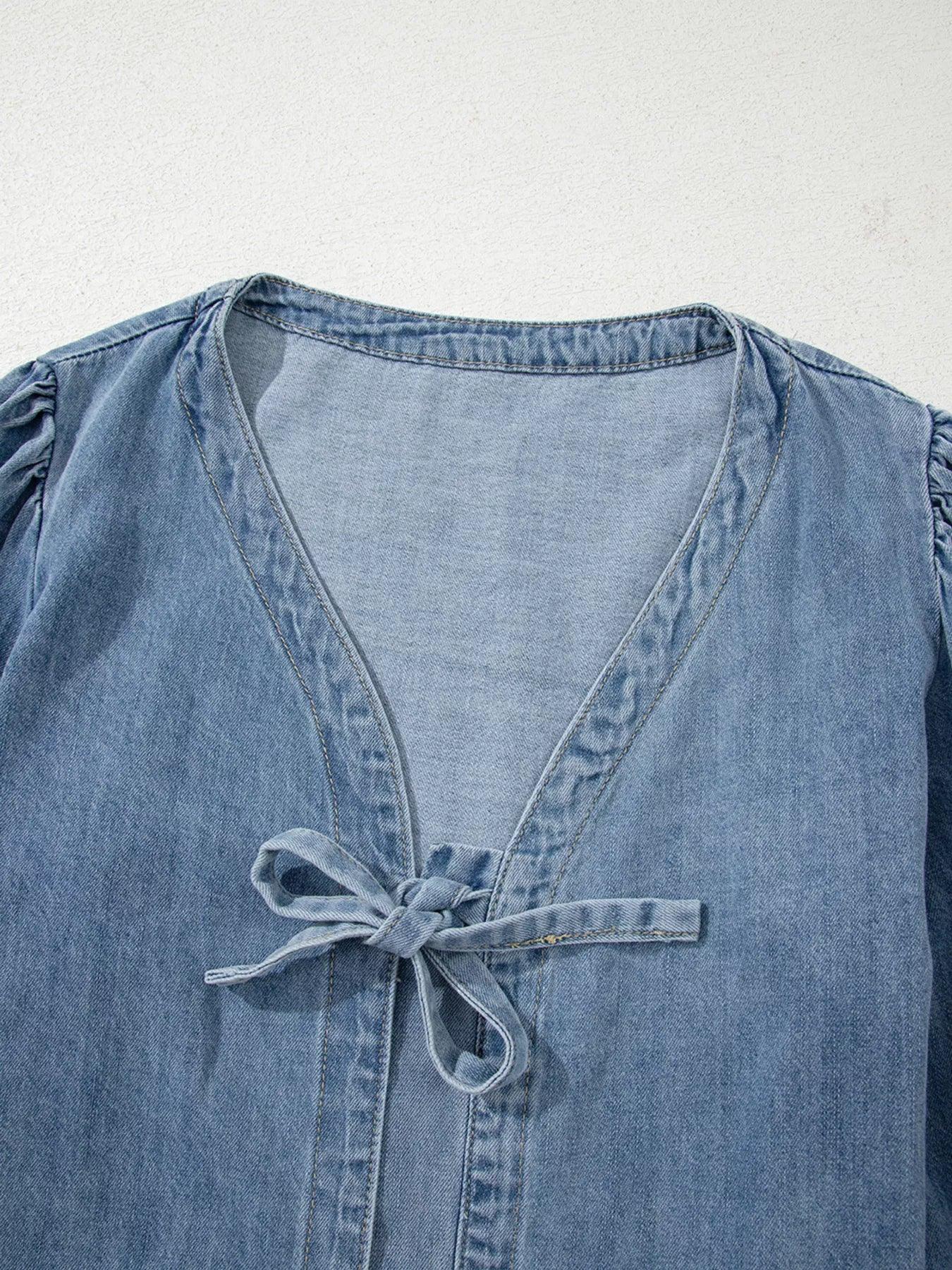 Tied Front Puff Sleeve Denim Top - DAVERRI FASHIONS