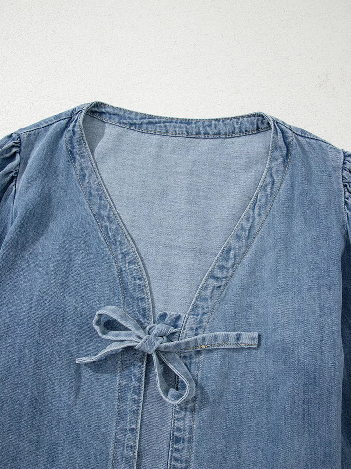 Tied Front Puff Sleeve Denim Top | Tops Daverri Fashions