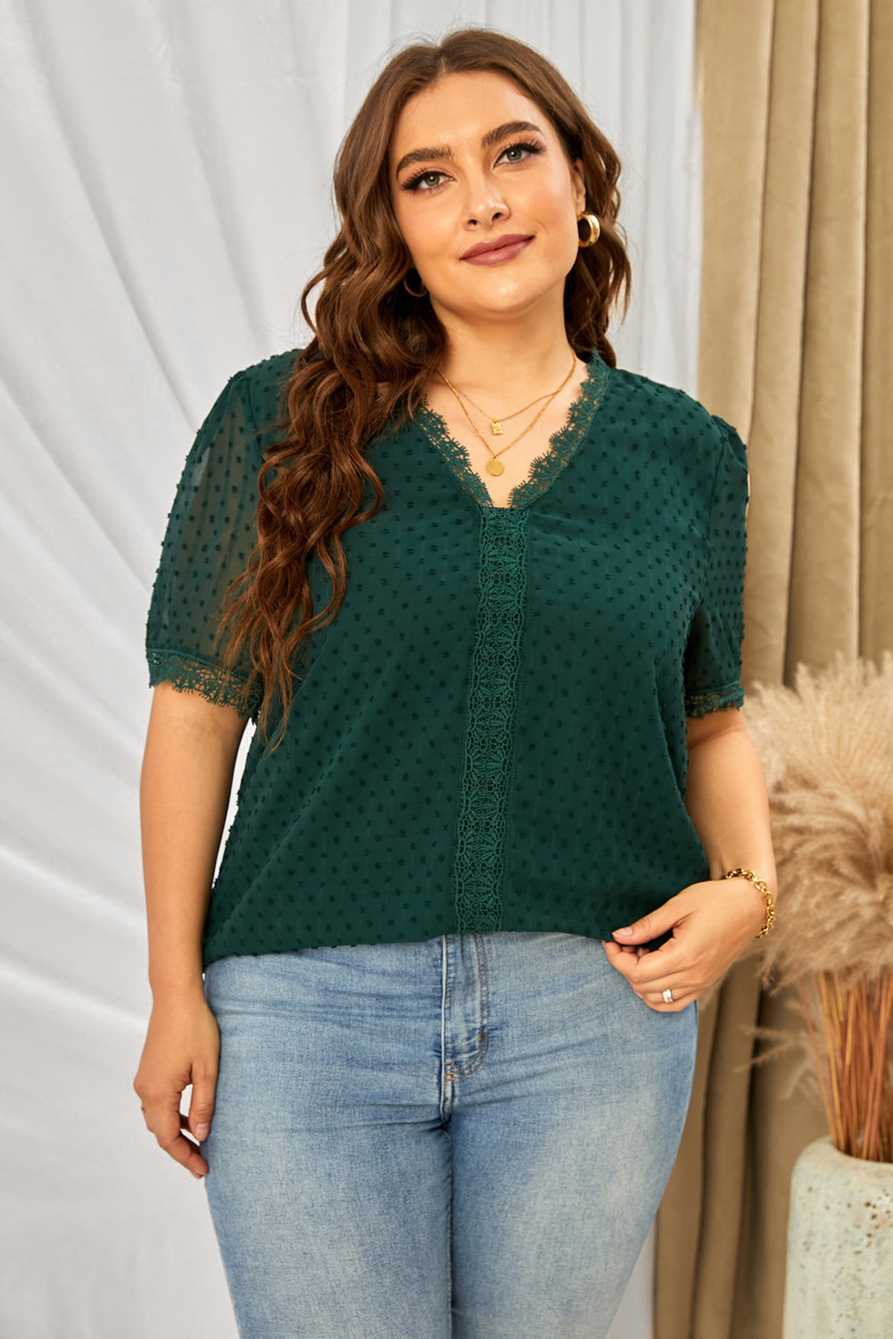 Plus Size Swiss Dot Spliced Lace V-Neck Blouse | Blouses Daverri Fashions