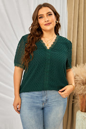 Plus Size Swiss Dot Spliced Lace V-Neck Blouse | Blouses Daverri Fashions