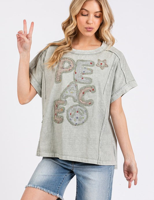 Mittoshop PEACE Round Neck Short Sleeve T-Shirt Light Gray