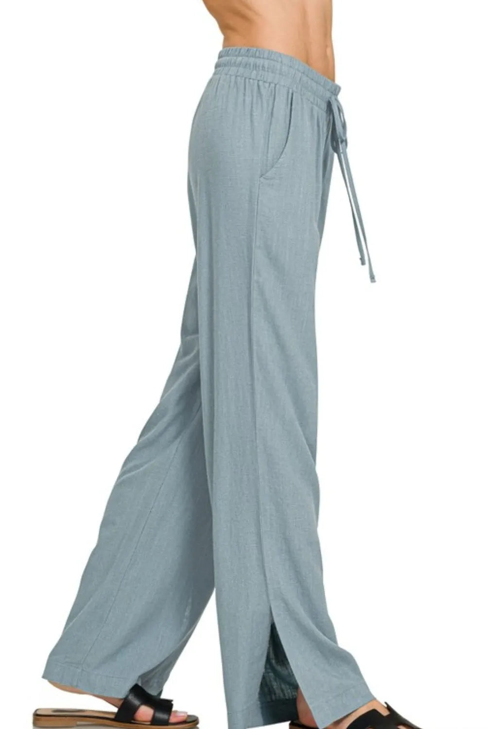 Zenana Linen Drawstring Pants Blue Grey | Pants Daverri Fashions