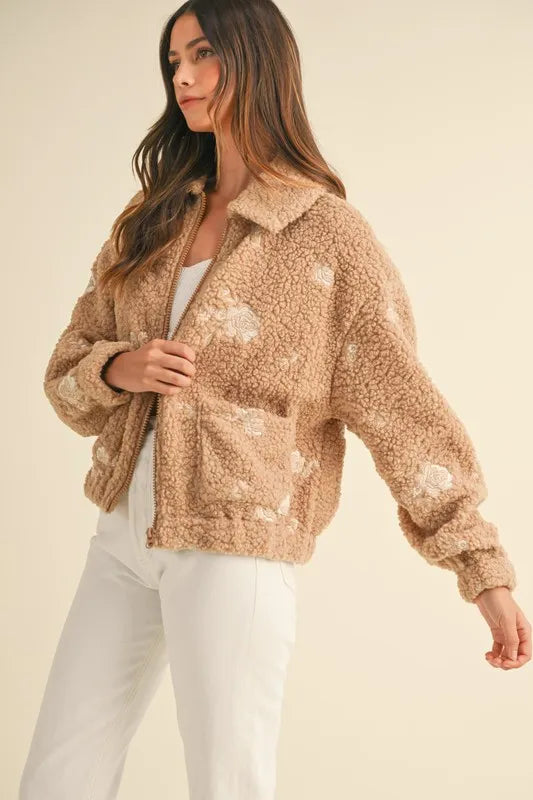 MABLE Floral Embroidered Fleece Teddy Jacket