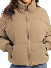 Beige quilted zip-up turtleneck puffer jacket