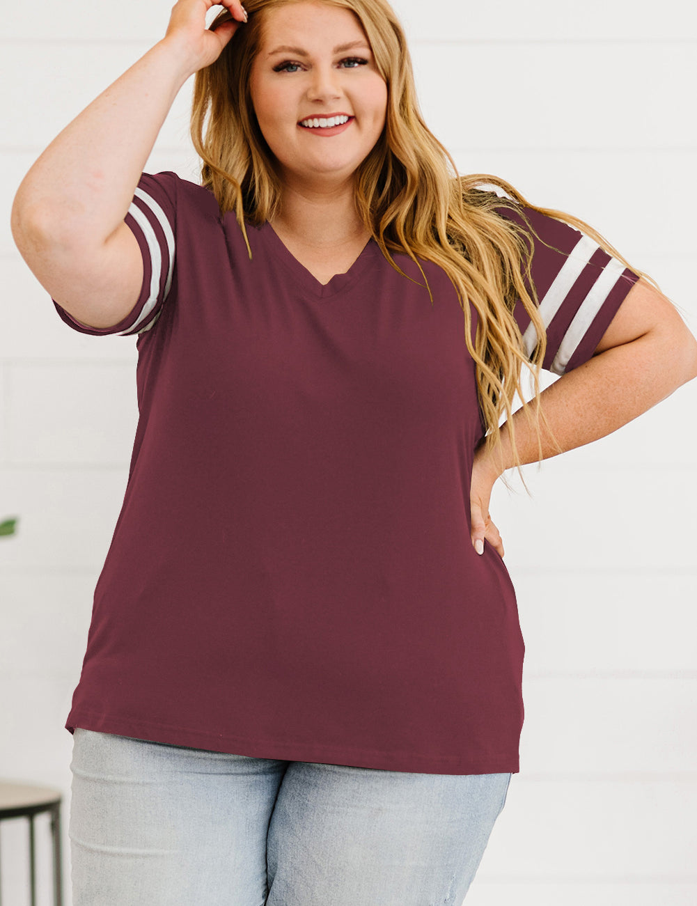 Wine Plus Size Striped V-Neck Tee Shirt | T-Shirts Daverri Fashions