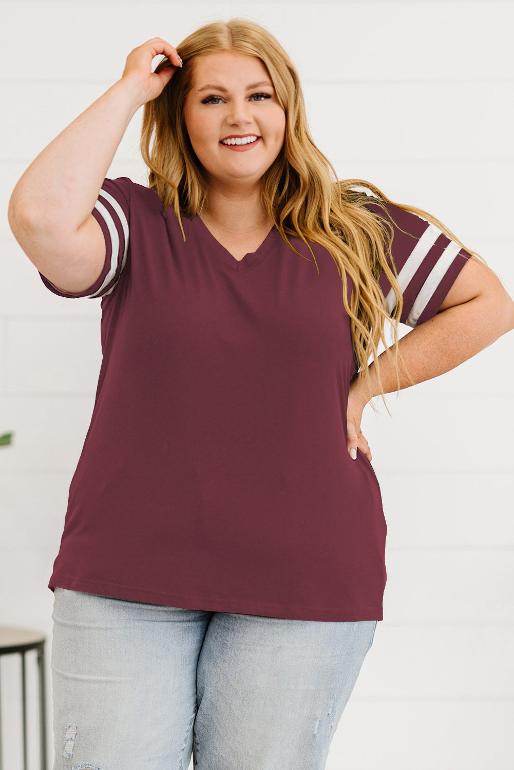 Wine Plus Size Striped V-Neck Tee Shirt | T-Shirts Daverri Fashions