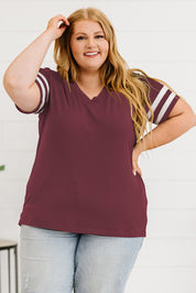 Wine Plus Size Striped V-Neck Tee Shirt | T-Shirts Daverri Fashions