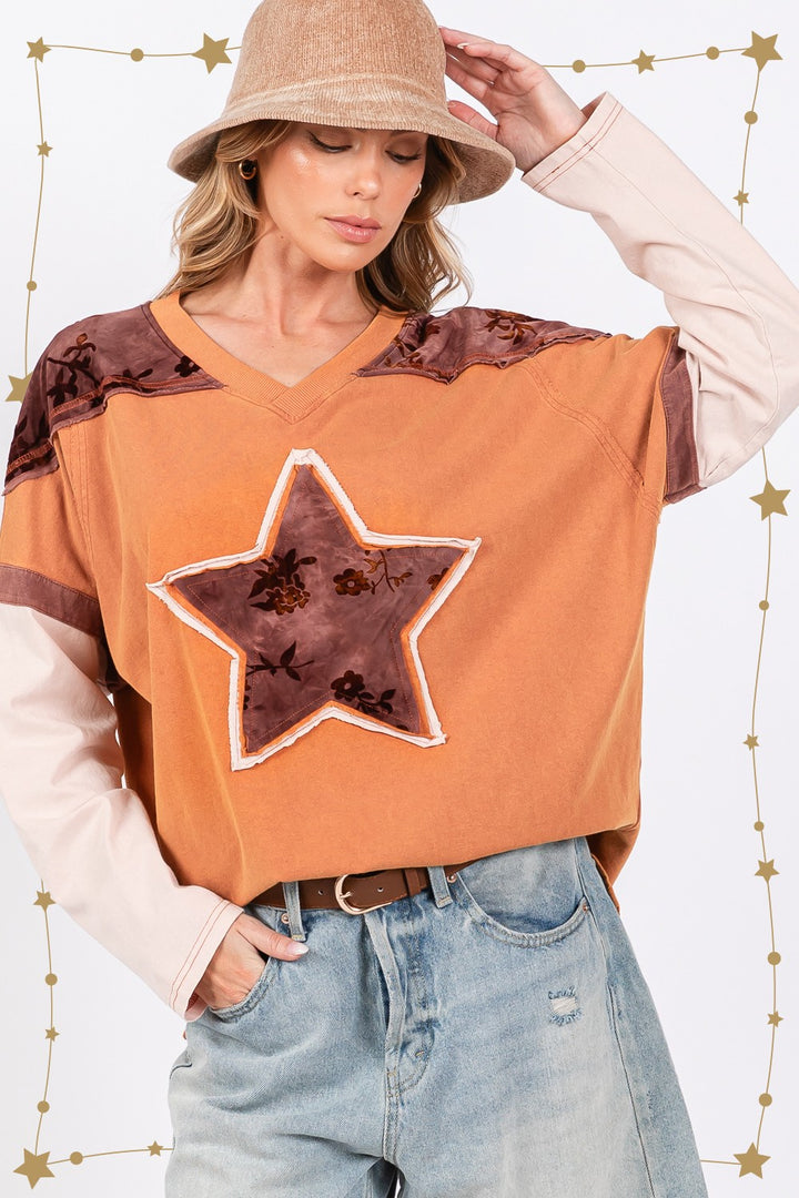 SAGE + FIG Star Patch Long Sleeve Color Block T-Shirt T-Shirts