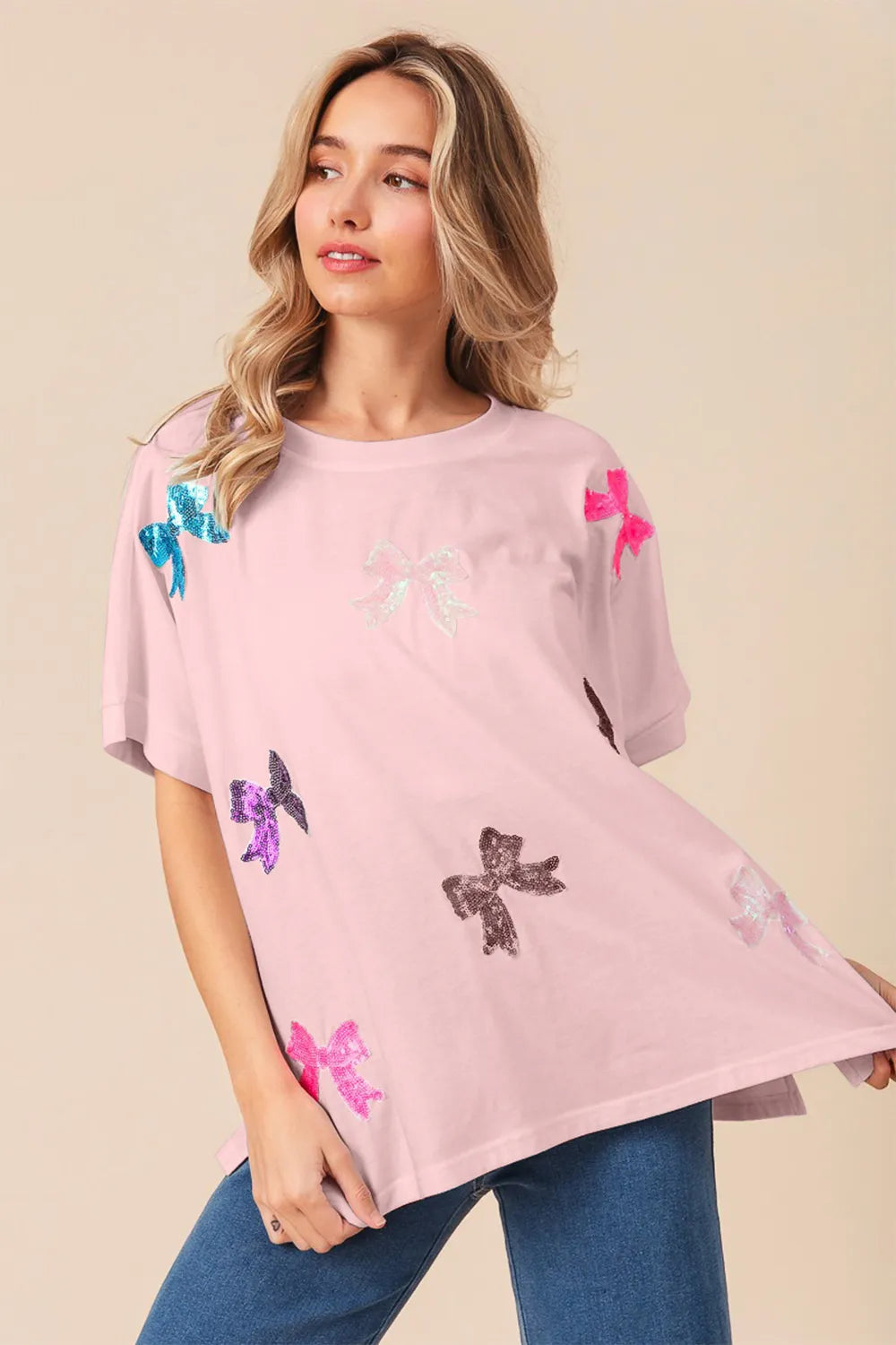 BiBi Sequin Bow Patch Short Sleeve T-Shirt Pink | T-Shirts Daverri Fashions