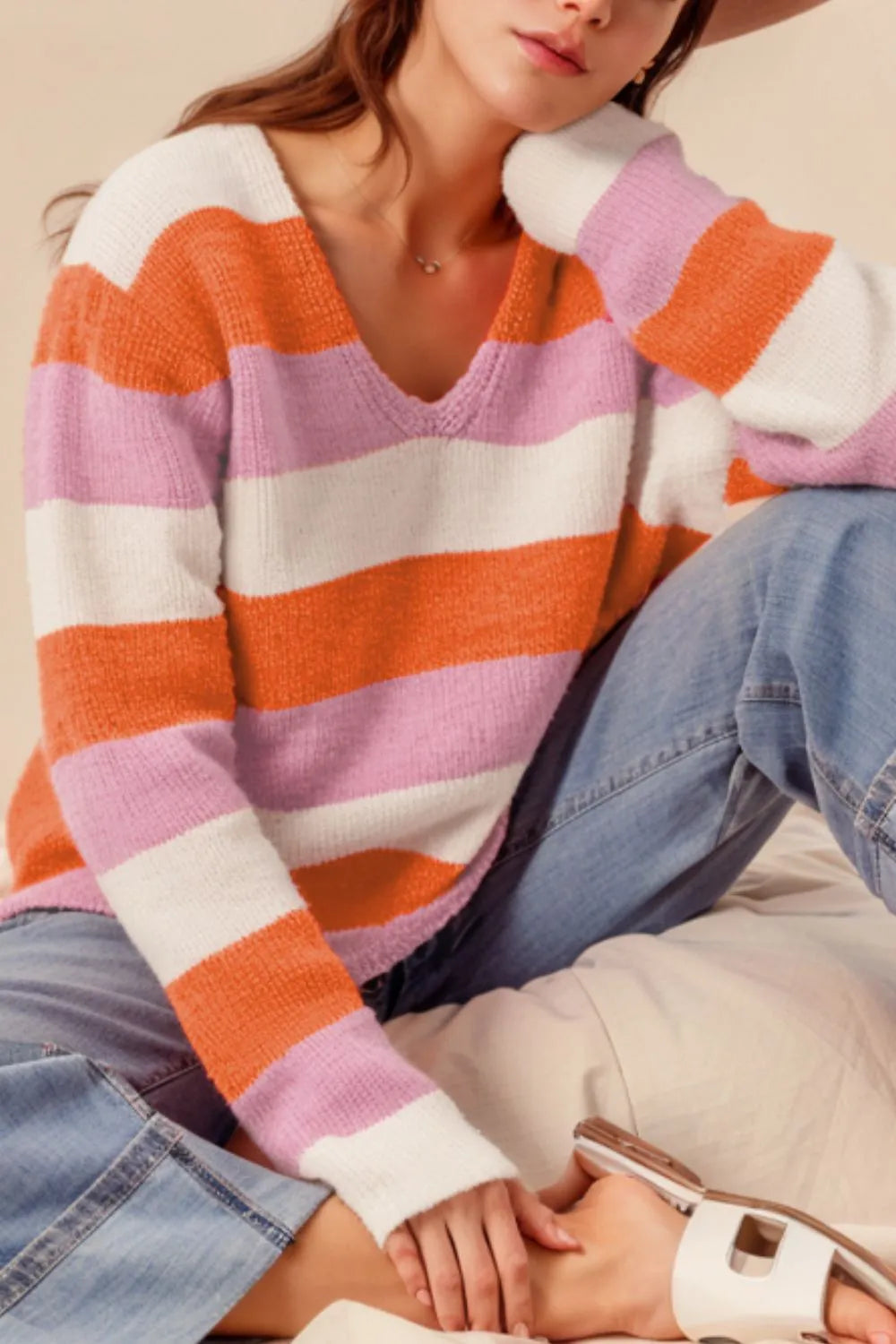 Color Block V-Neck Long Sleeve Sweater | Sweaters Daverri Fashions