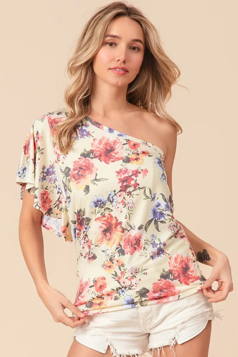 BiBi Floral Printed Jersey Knit Ruffle Sleeve Top in cream with pink, red, purple blossoms