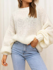 Off-white Round Neck Dropped Shoulder Sweater | Sweaters Daverri Fashions