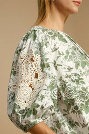 Umgee Floral Pleated Detail Lace Trim Sleeve Blouse | Daverri Fashions
