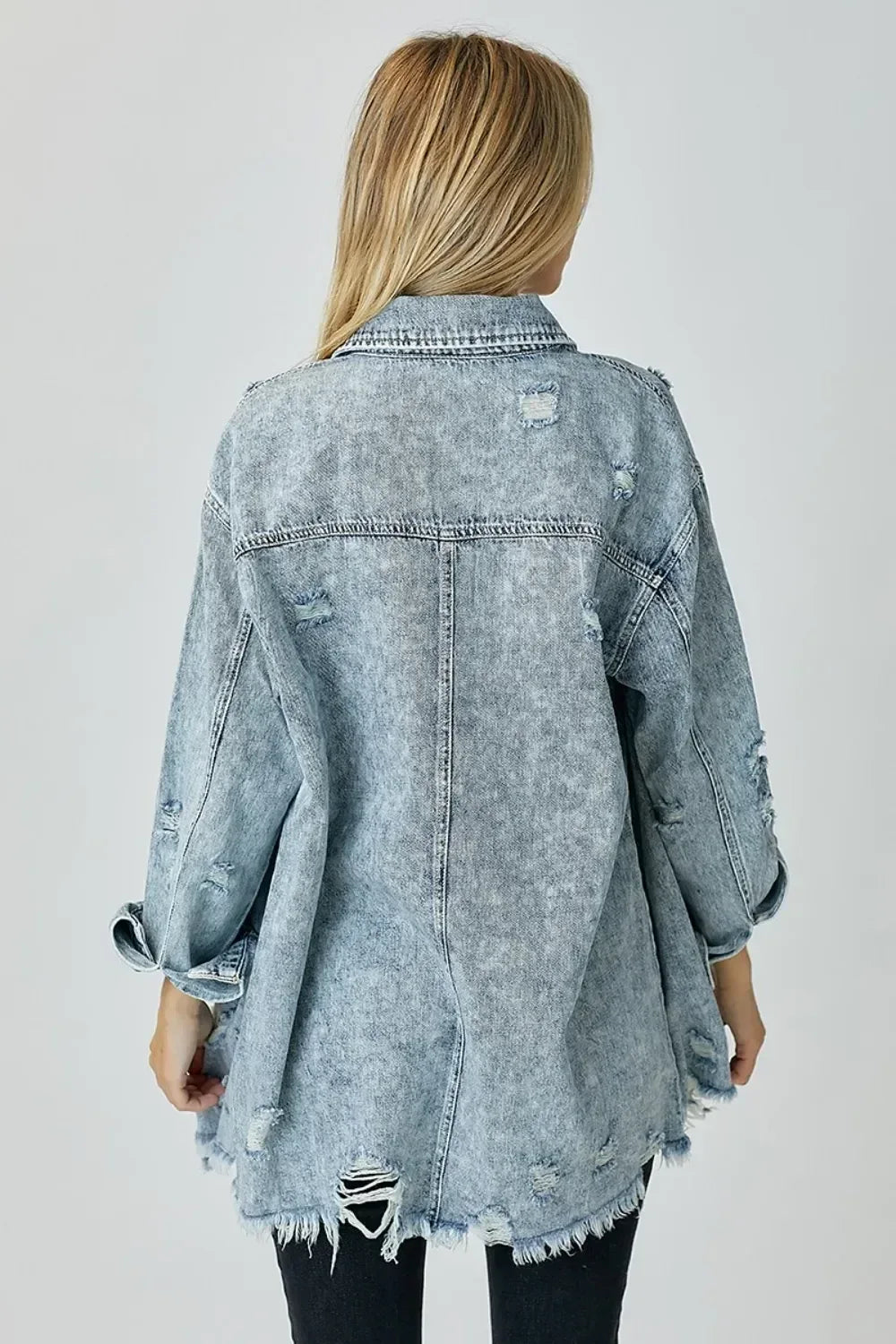 RISEN Distressed Raw Hem Denim Shirt - DAVERRI FASHIONS