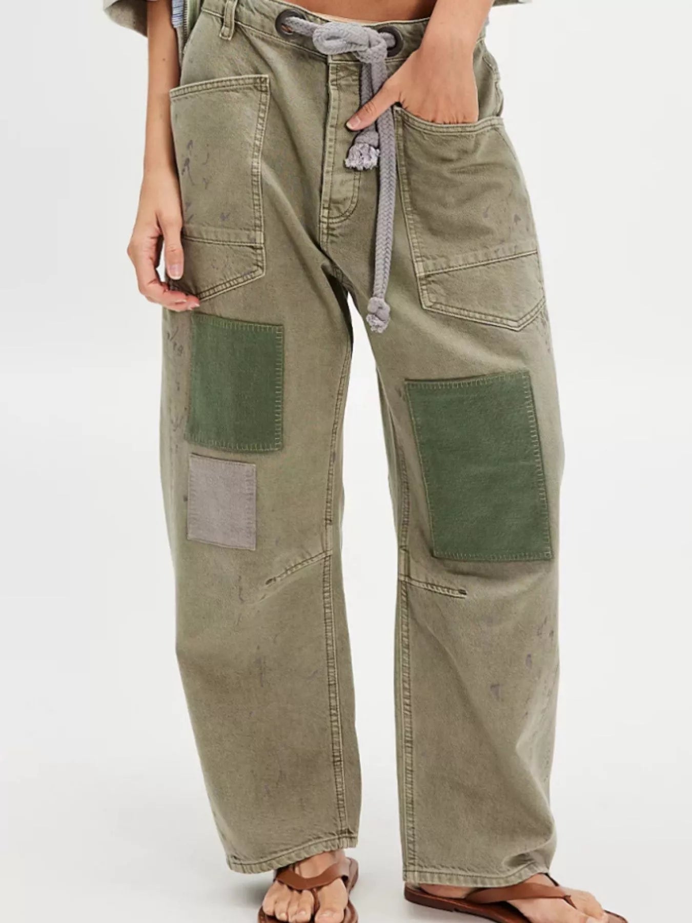 Daverri olive green patchwork washed relaxed fit barrel jeans back view