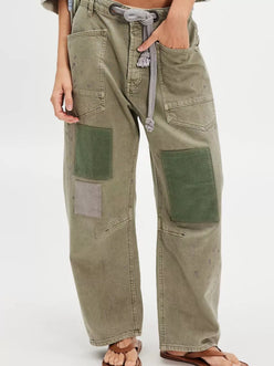 Daverri olive green patchwork washed relaxed fit barrel jeans back view