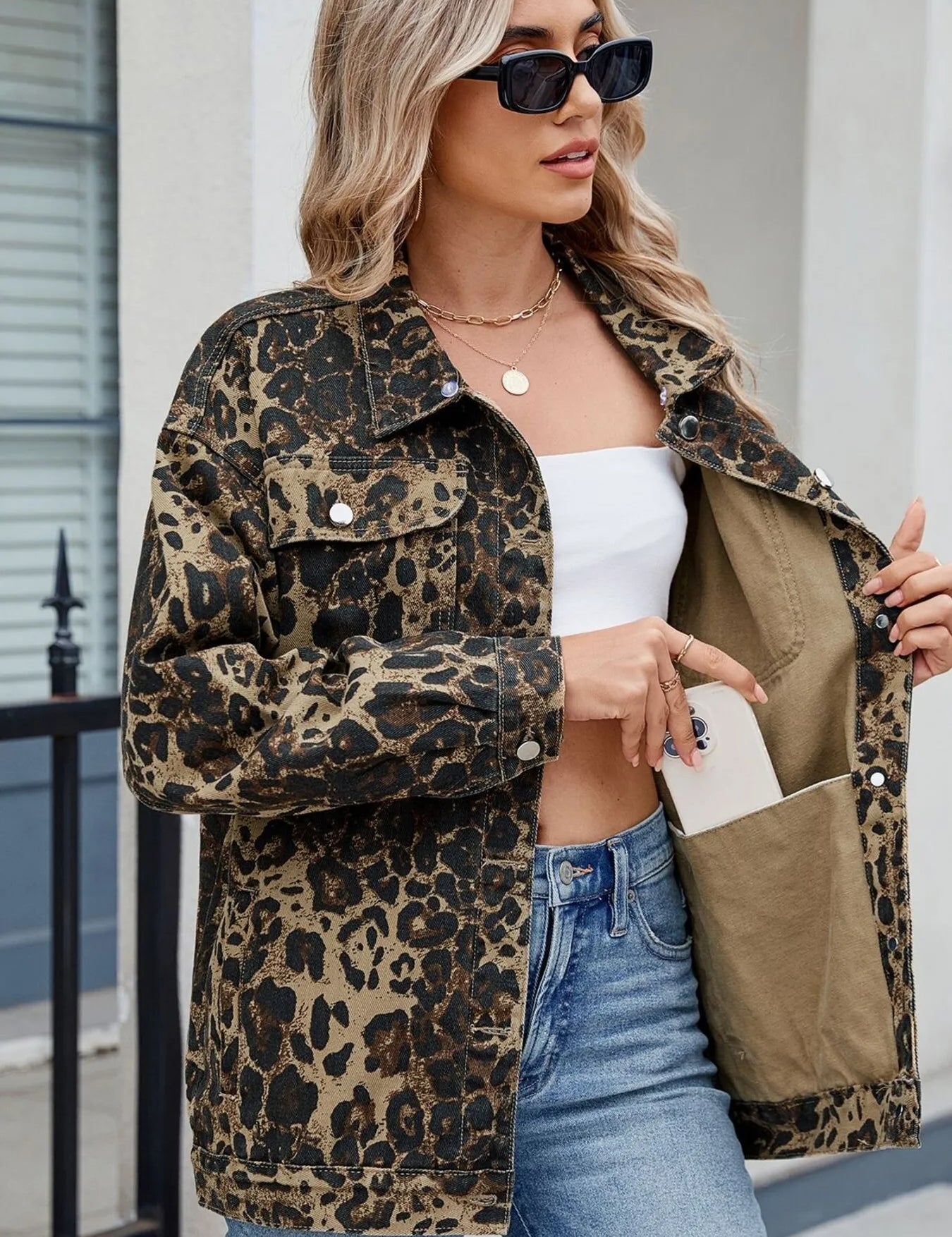 Leopard Leopard Print Oversized Denim Jacket | Denim Jackets Daverri Fashions