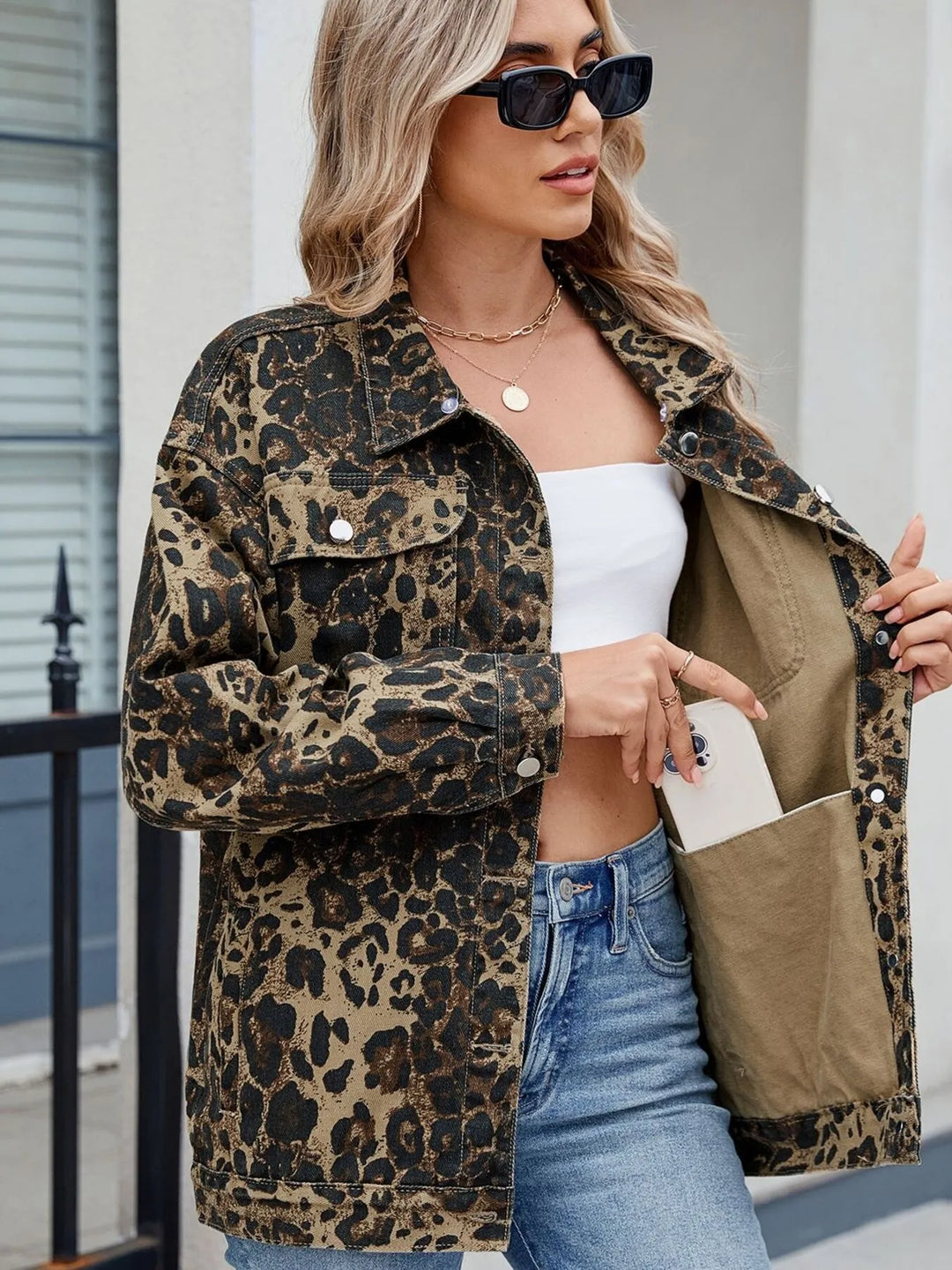 Leopard Leopard Print Oversized Denim Jacket | Denim Jackets Daverri Fashions